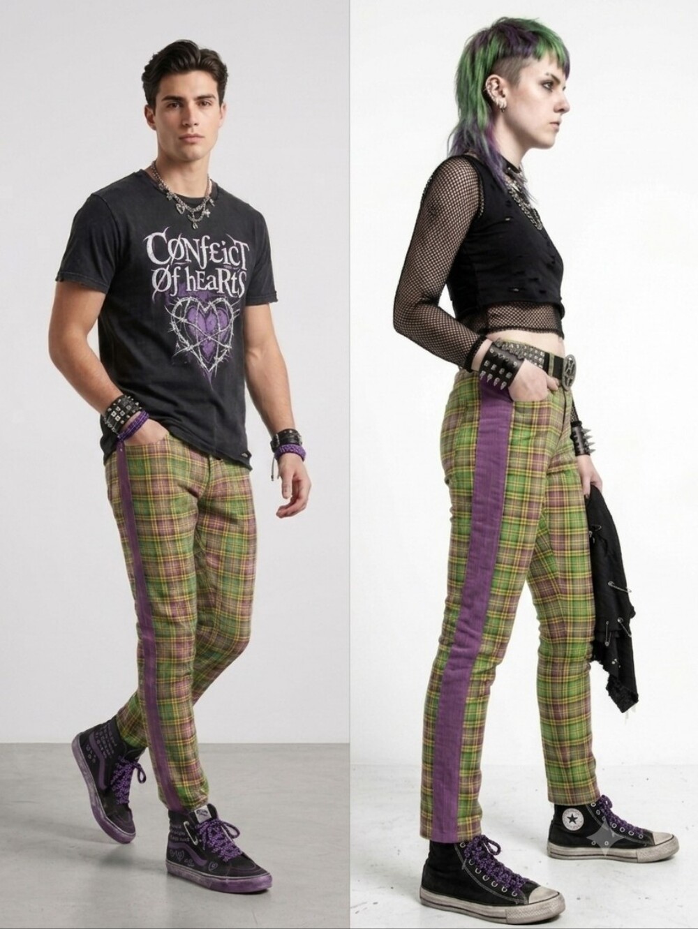 Decibel Unisex Plaid Racer Stripe Emo Skinny Jeans Size 30×32 Green Purple... - Picture 1 of 16